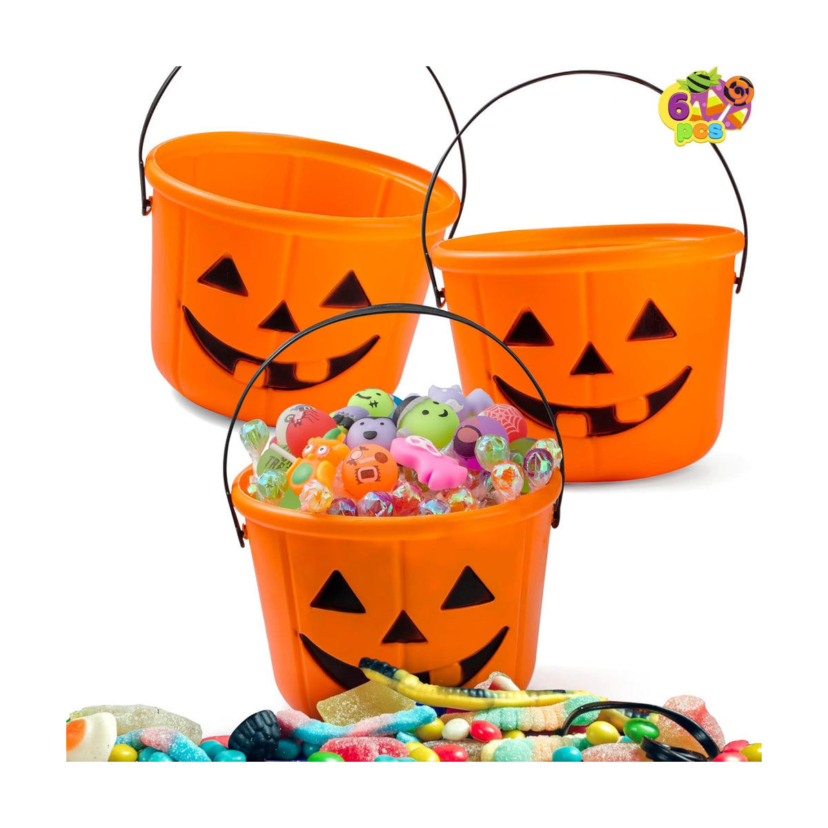 JOYIN 6PCS Halloween Trick or Treat Pumpkin Bucket, Jack O Lantern Candy Basket and Buckets for Trick or Treating, Orange Halloween Pails with Handle for Kids Party Favors Supplies Props