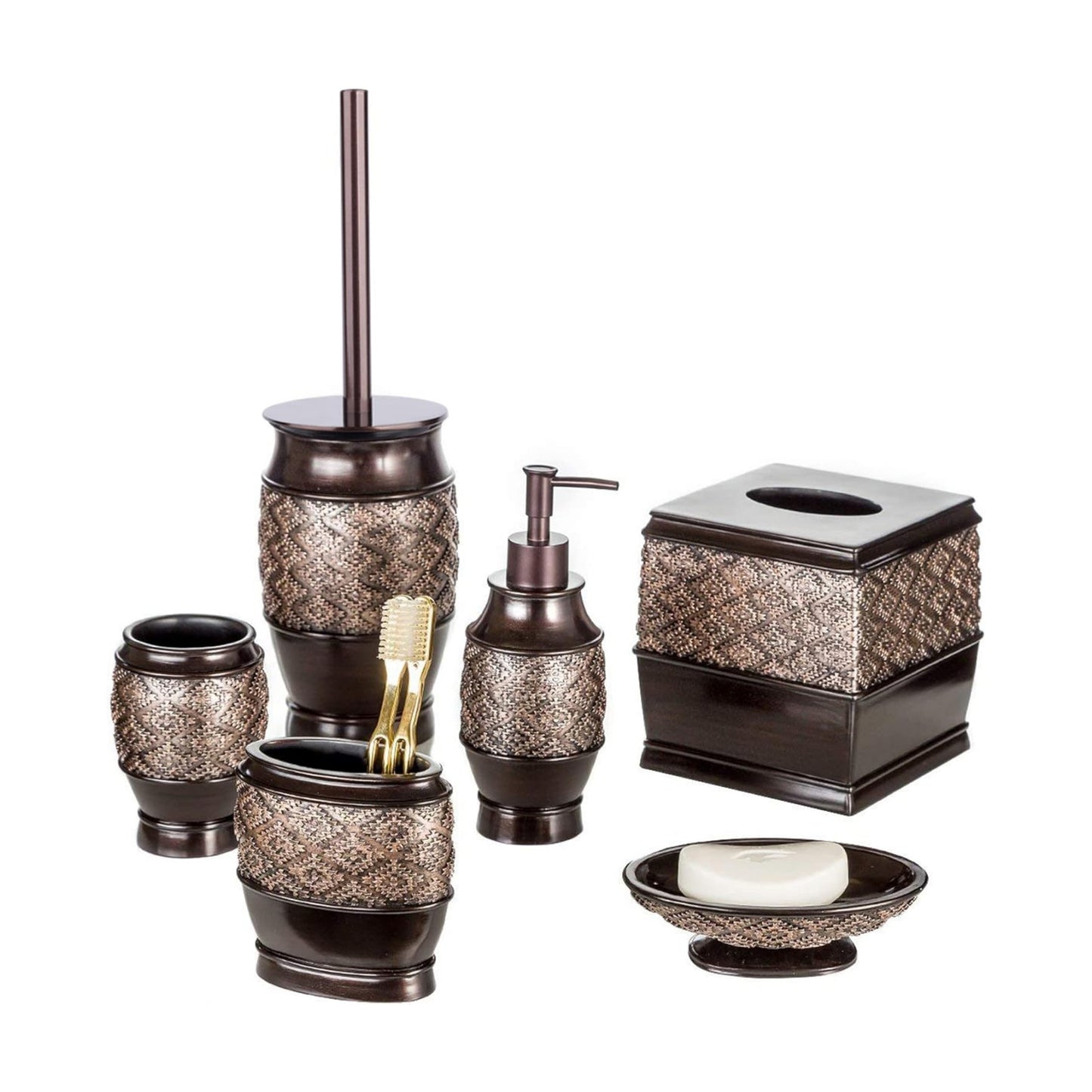 Creative Scents Dublin Brown 6 Piece Resin Bathroom Accessories Set | Includes Toilet Brush and Holder, Tissue Box