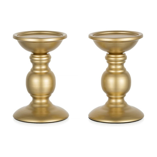 Set of 2 Gold Metal Pillar Candle Holders for 3 inches Dia Candle, Wedding Centerpieces Candlestick Holders Stand