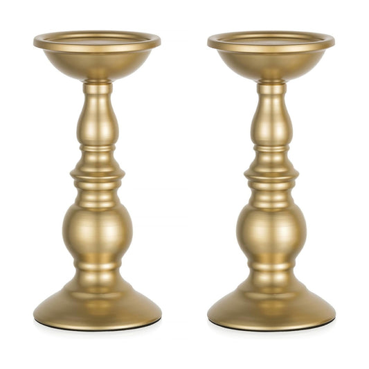 NUPTIO Brass Pillar Candle Holders: Gold Tall Stand for 3" Candles (2 x L) | Metal Candle Centerpieces Decoration for