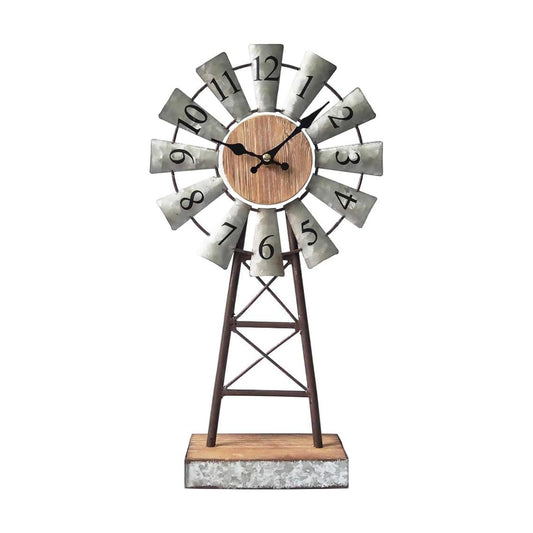 Rustic Windmill Table Clock for Living Room Decor, Vintage Galvanized Metal & Wood Desk Clock with Silent Quartz