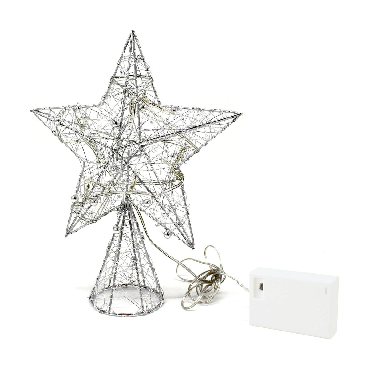 CVHOMEDECO. Silver Wire Woven Tree Top Star with Bright White LED Lights and Timer for Christmas Ornaments and Holiday Seasonal Décor, 8 x 10 Inch