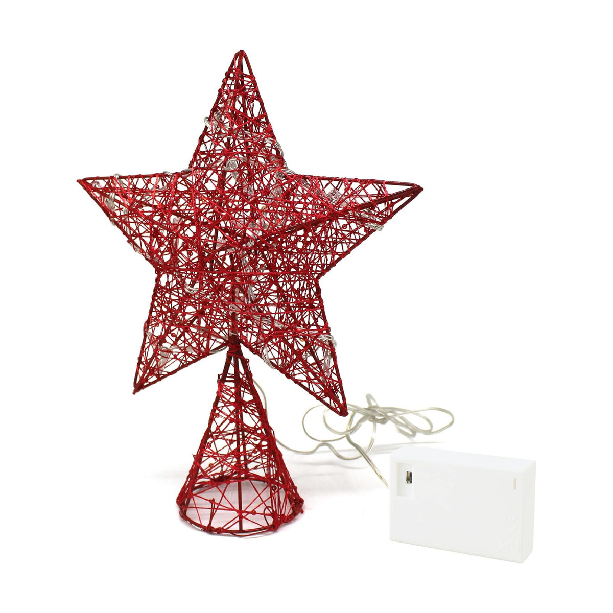 CVHOMEDECO. Red Tree Top Star with Warm White LED Lights and Timer for Christmas Ornaments and Holiday Seasonal Décor, 8 x 10 Inch