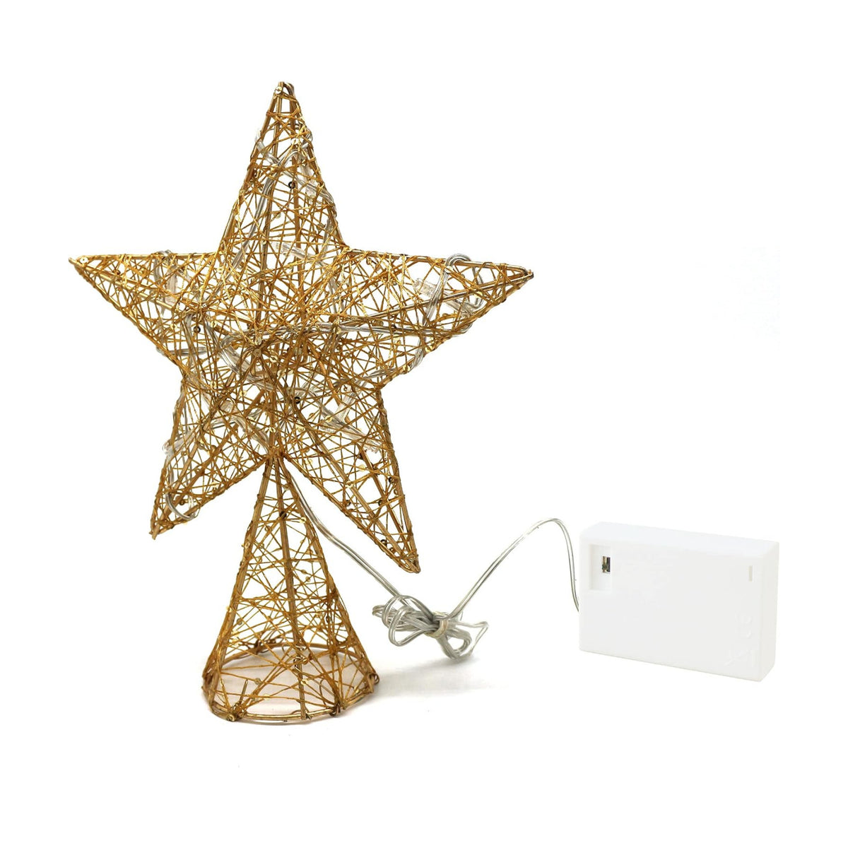 CVHOMEDECO. Gold Tree Top Star with Warm White LED Lights and Timer for Christmas Ornaments and Holiday Seasonal Décor, 8 x 10 Inch