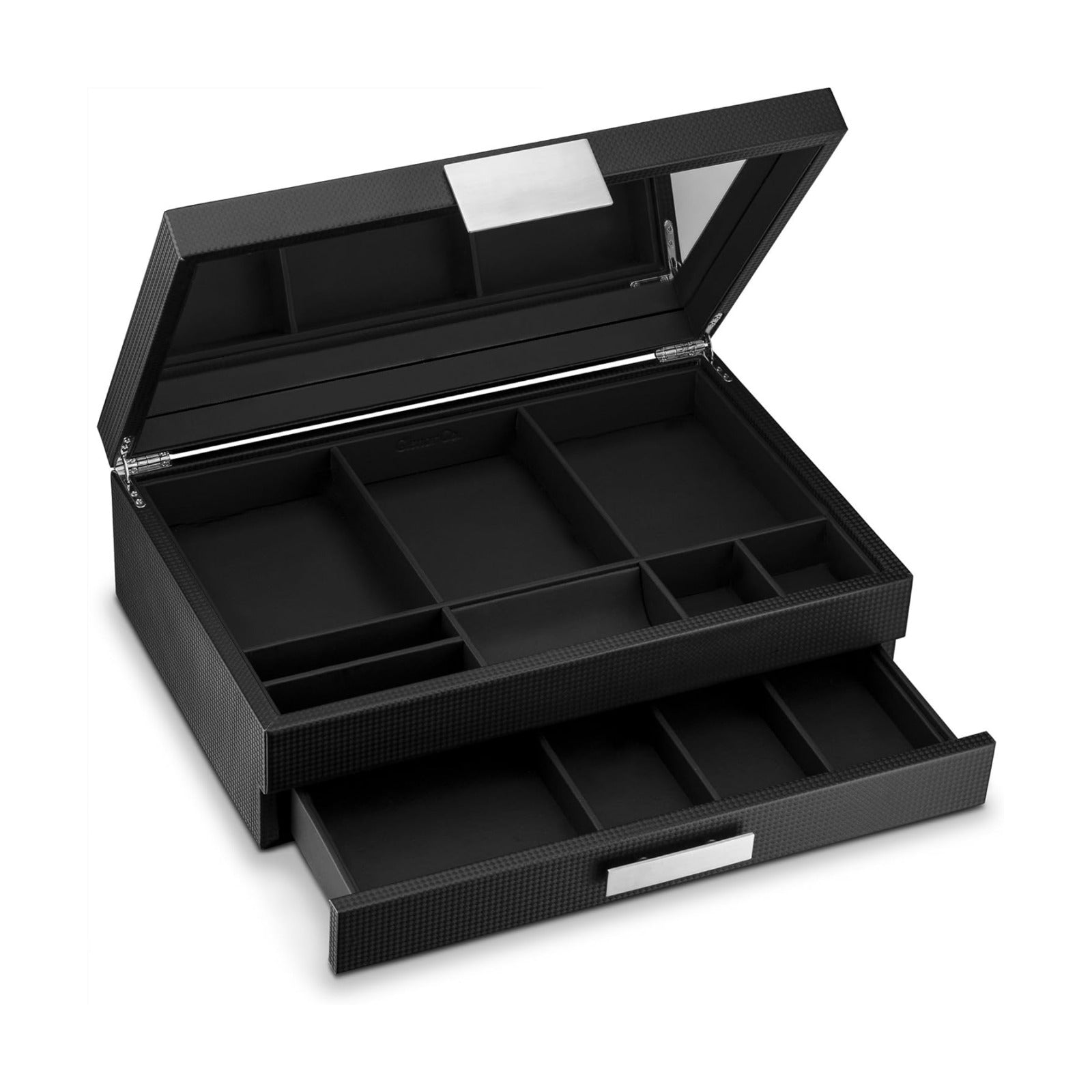 Glenor Co Mens Valet/Dresser Organizer - Luxury 12 Slot Jewelry Accessories Box, Carbon Fiber Design, Drawer Tray