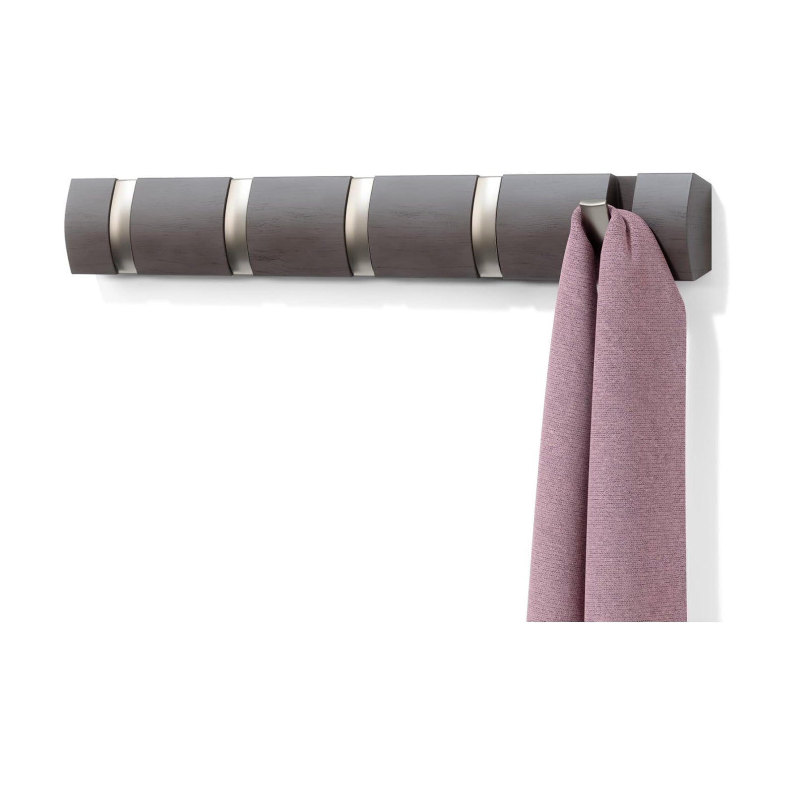 Umbra Flip Coat Rack, Wall Mounted 5-Hook Space Saving, Driftwood/Nickel | Real wood and steel build, retractable hooks