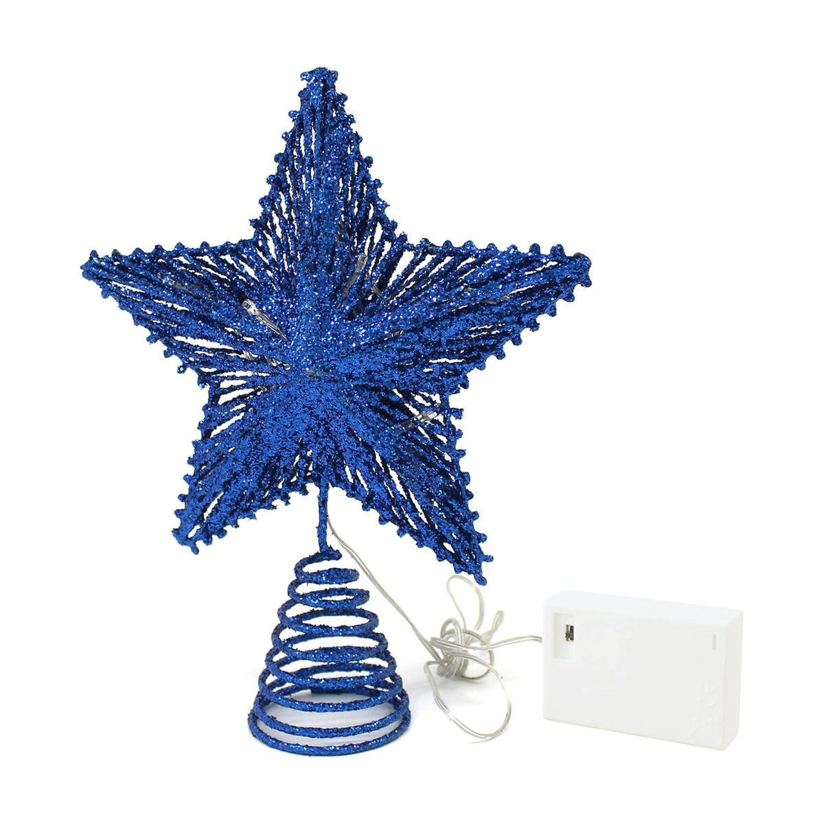 CVHOMEDECO. Blue Glittered 3D Tree Top Star with Warm White LED Lights and Timer for Christmas Ornaments and Holiday Seasonal Décor, 8 x 10 Inch