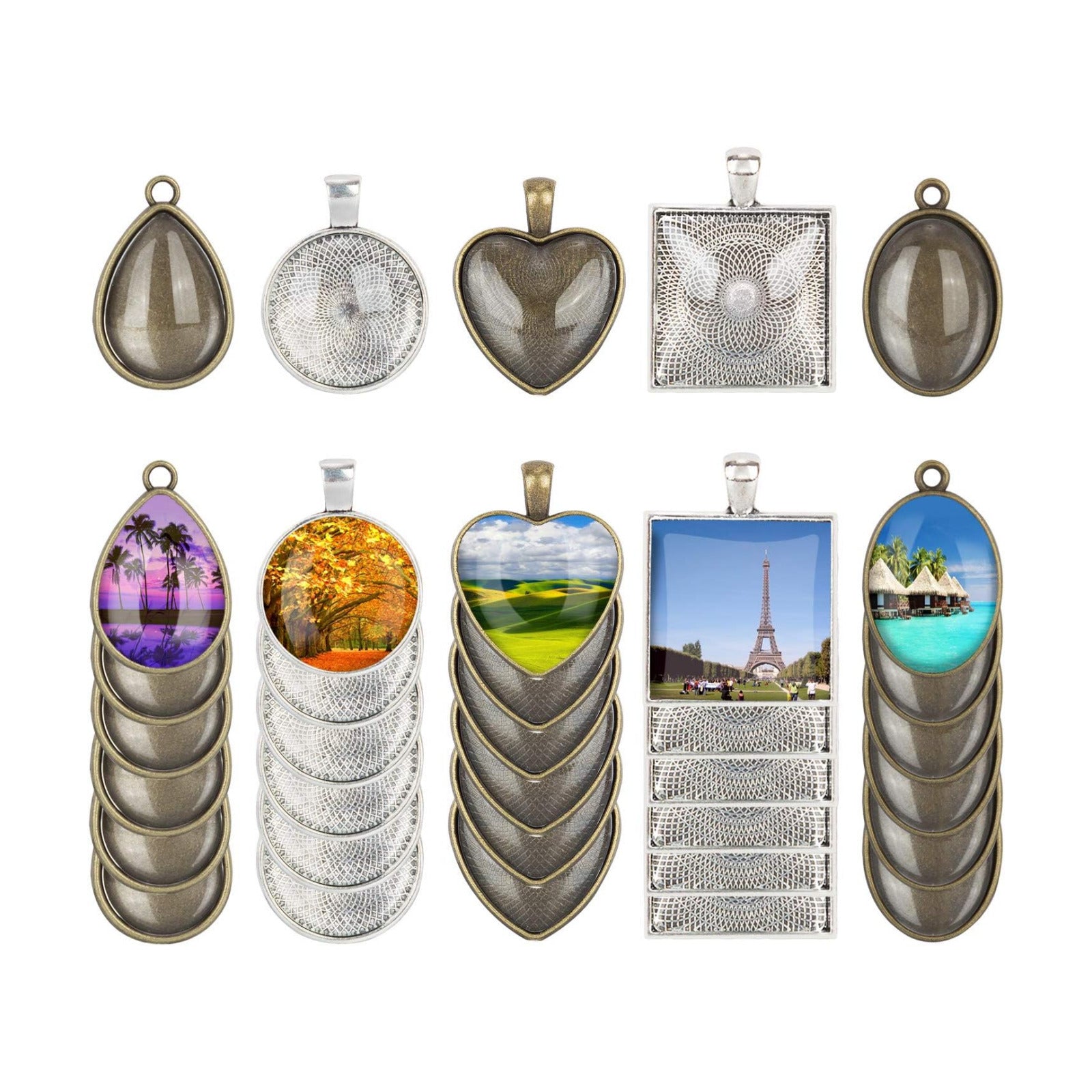 5 Styles Pendant Trays Round & Square & Heart & / Metal Pendant+ Bright Glass Cabochon / Set of 60
