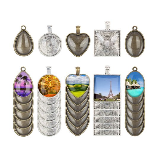 5 Styles Pendant Trays Round & Square & Heart & / Metal Pendant+ Bright Glass Cabochon / Set of 60