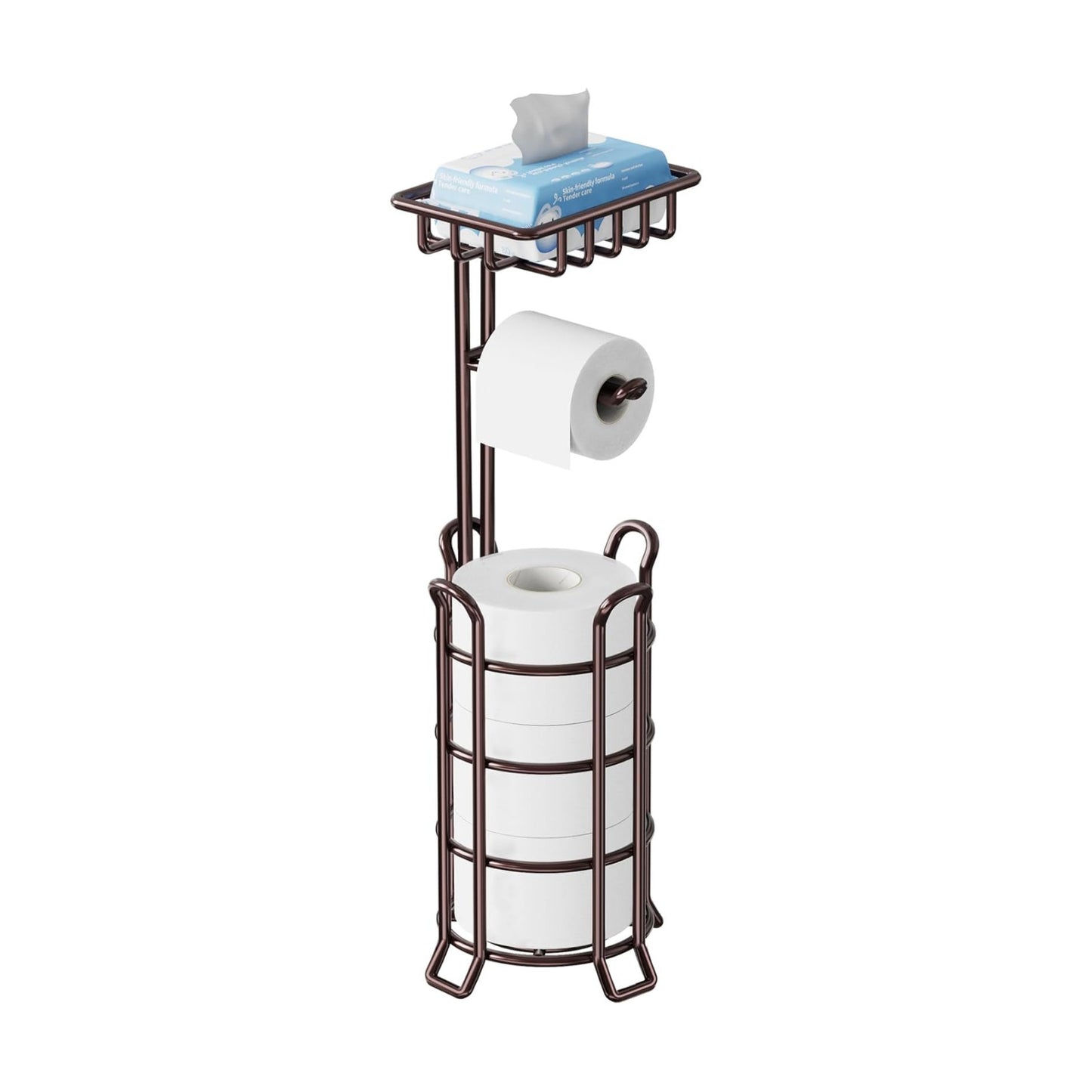 TomCare Toilet Paper Holder Free Standing with Shelf, Stable 4 Raised Feet | Stores 4 Mega Rolls, Tool-Free Assembly