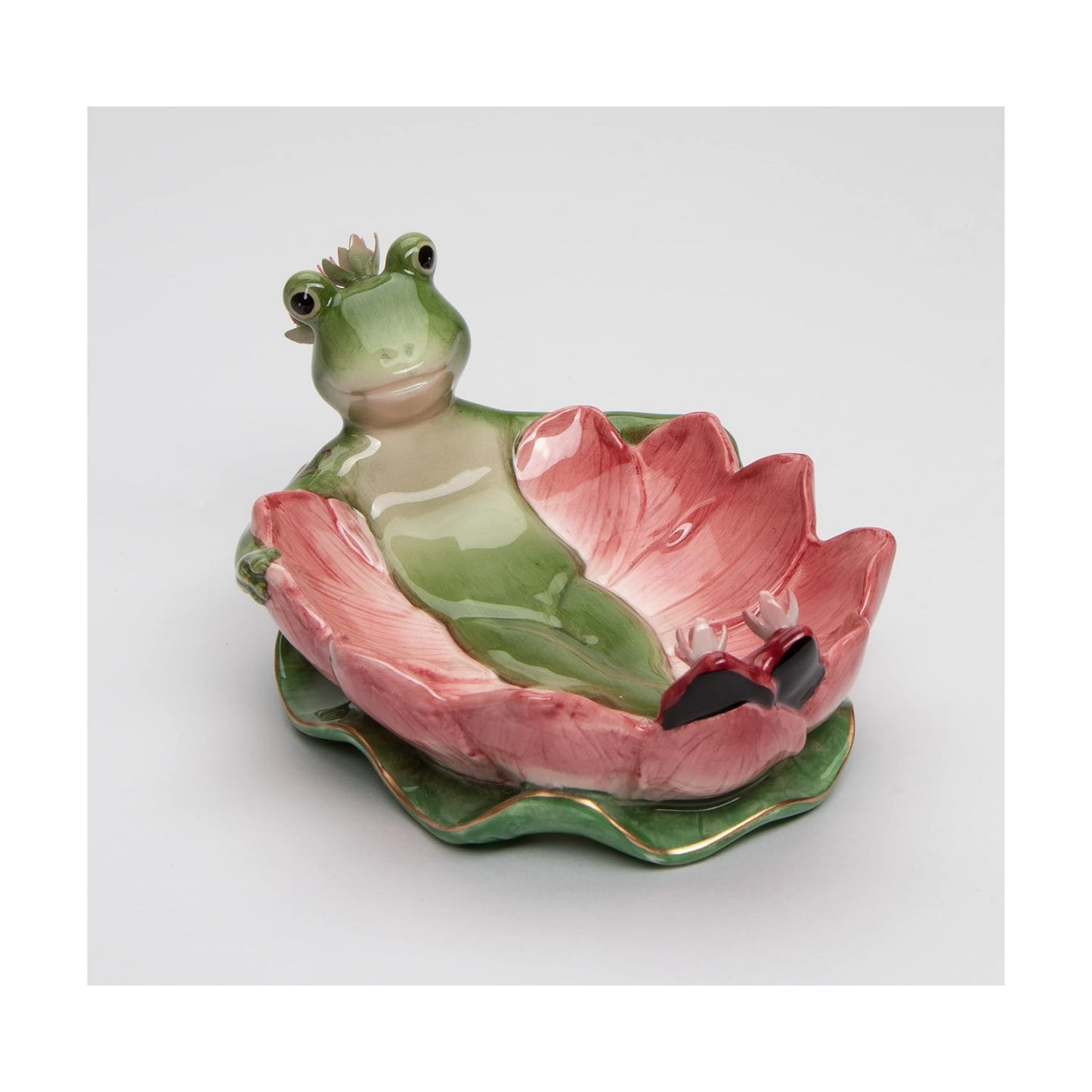 Fine Ceramic Hand Painted Lady Frog on Water Lily Lotus Flower Soap Dish or Nic Nac Dish or Jewelry