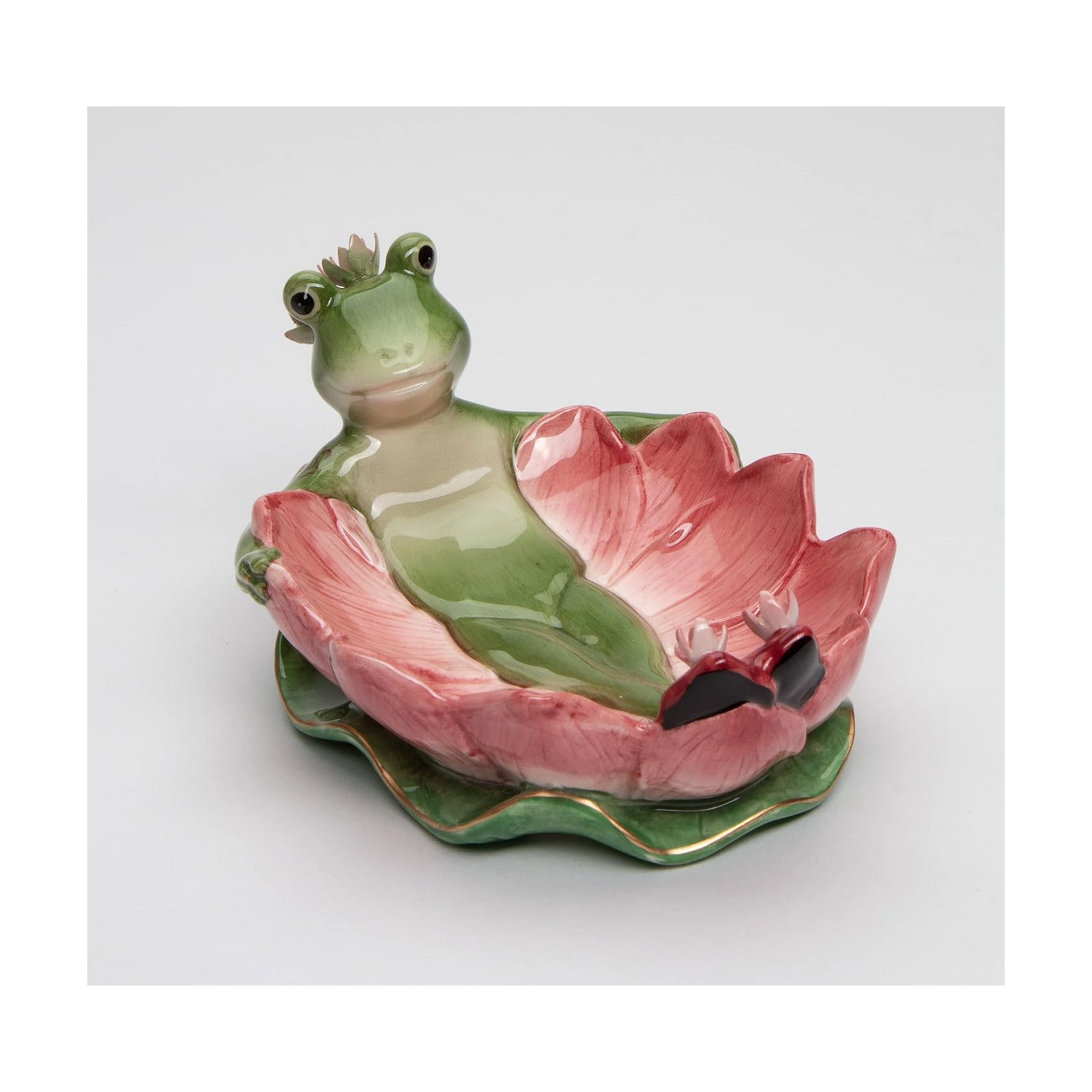 Fine Ceramic Hand Painted Lady Frog on Water Lily Lotus Flower Soap Dish or Nic Nac Dish or Jewelry