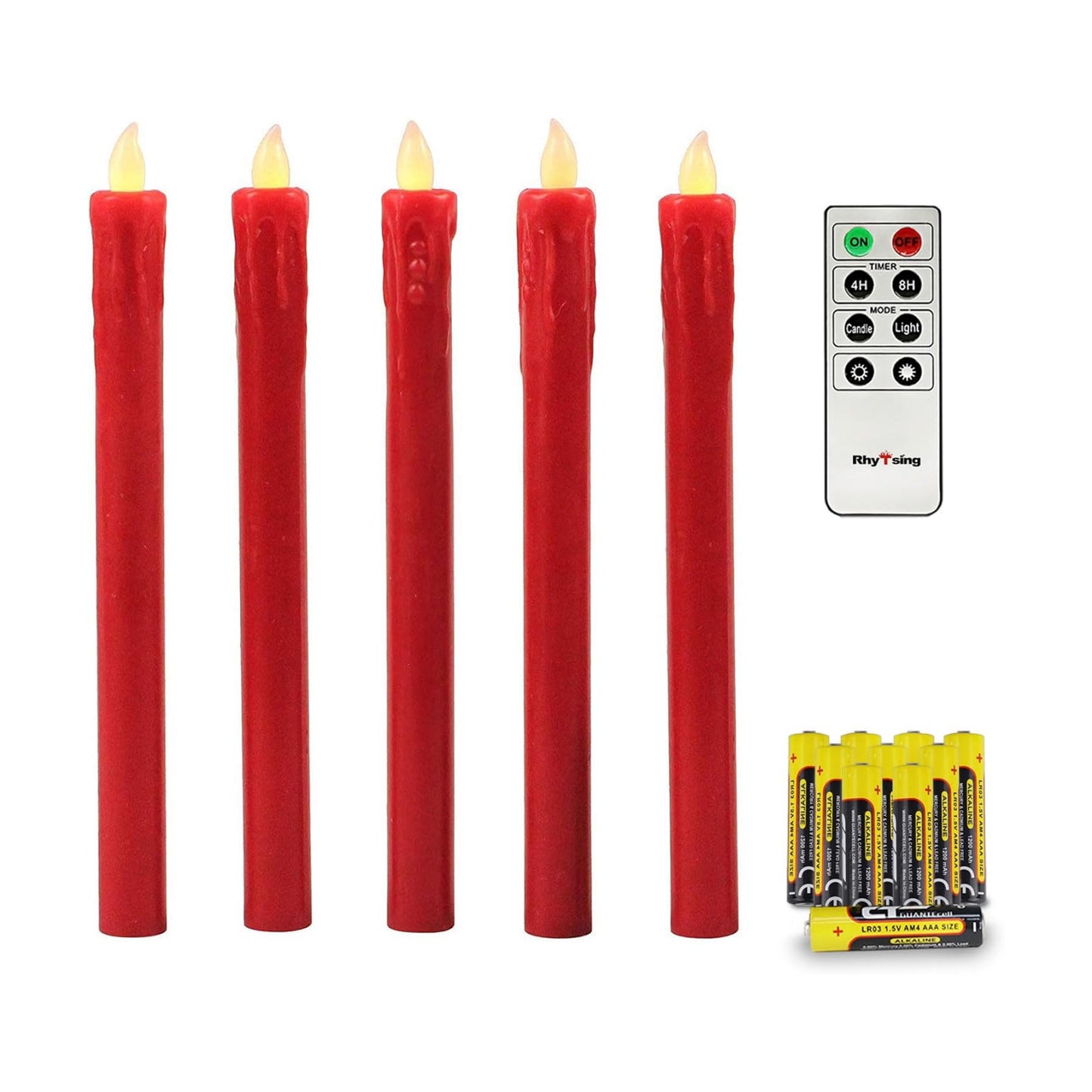 Rhytsing Red 10" Flameless Taper Candles with Timer, Battery Operated Candles, Push-Activated, Wax Drip, Warm White