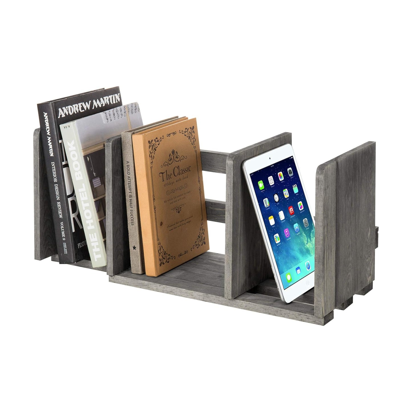 MyGift Gray Barnwood Desktop Bookshelf, Adjustable Expandable Book Rack | Expandable width adapts to changing