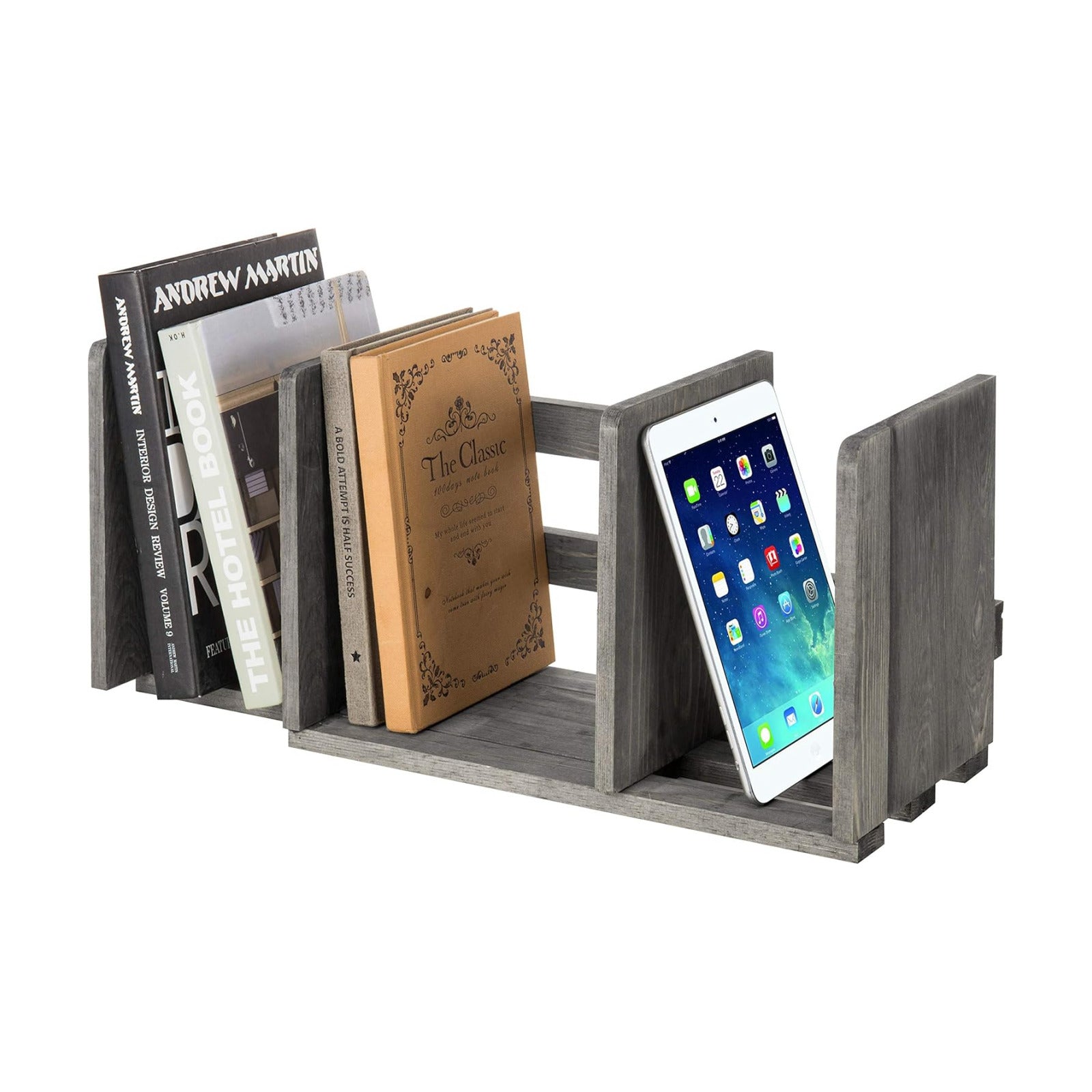 MyGift Gray Barnwood Desktop Bookshelf, Adjustable Expandable Book Rack | Expandable width adapts to changing