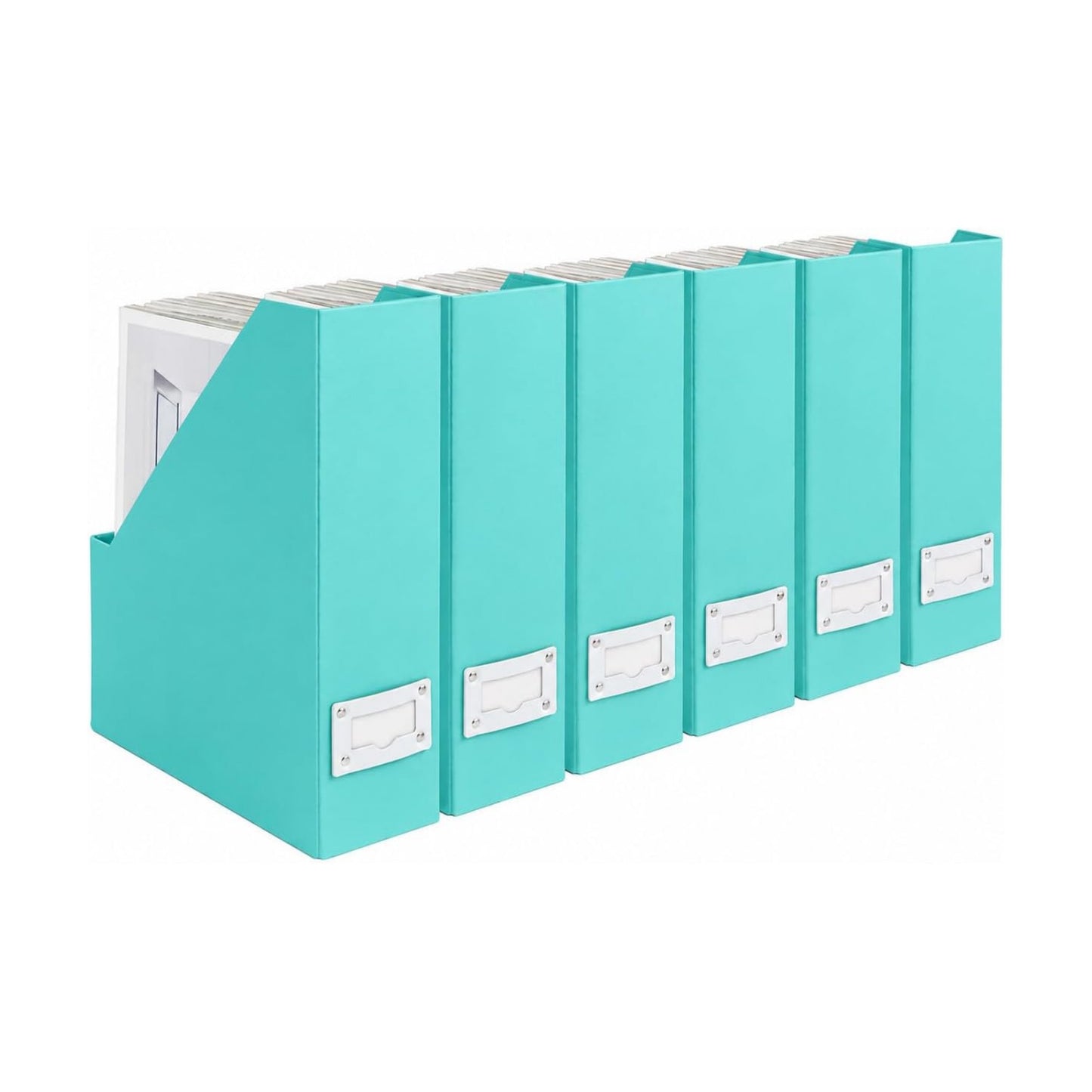 BLU MONACO Set of 6 Aqua Magazine File Holders | Foldable Magazine Storage Boxes with White Leather Label Holders
