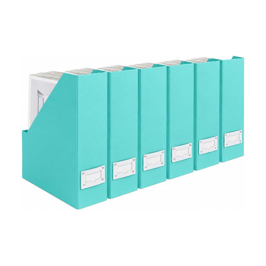 BLU MONACO Set of 6 Aqua Magazine File Holders | Foldable Magazine Storage Boxes with White Leather Label Holders