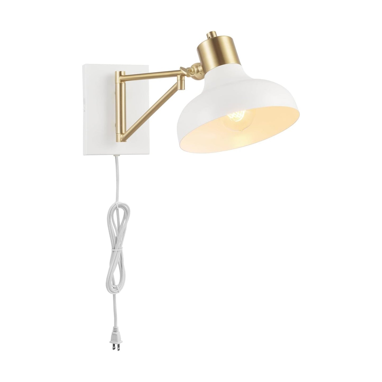 Globe Electric 51344 1-Light Plug-in or Hardwire Swing Arm Wall Sconce, White, Brass Accents, White-Cloth Cord, Mounted
