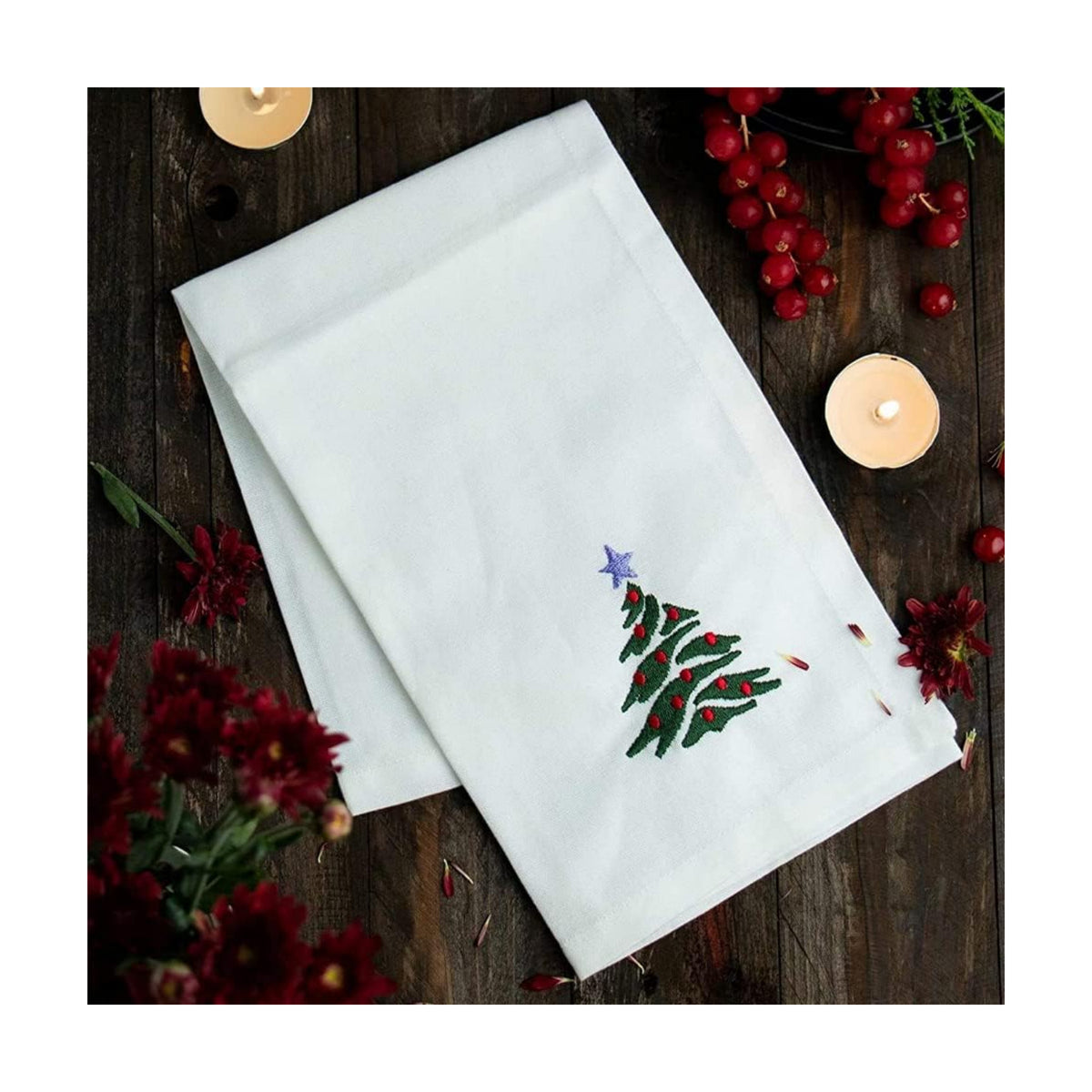 Christmas Cloth Napkins White Dining Table Dinner Napkins|Washable Cotton Napkins Easter Basket Decor|Christmas Tree Embroidered 18x18 in White Pk of 6 Cocktail Party Napkins