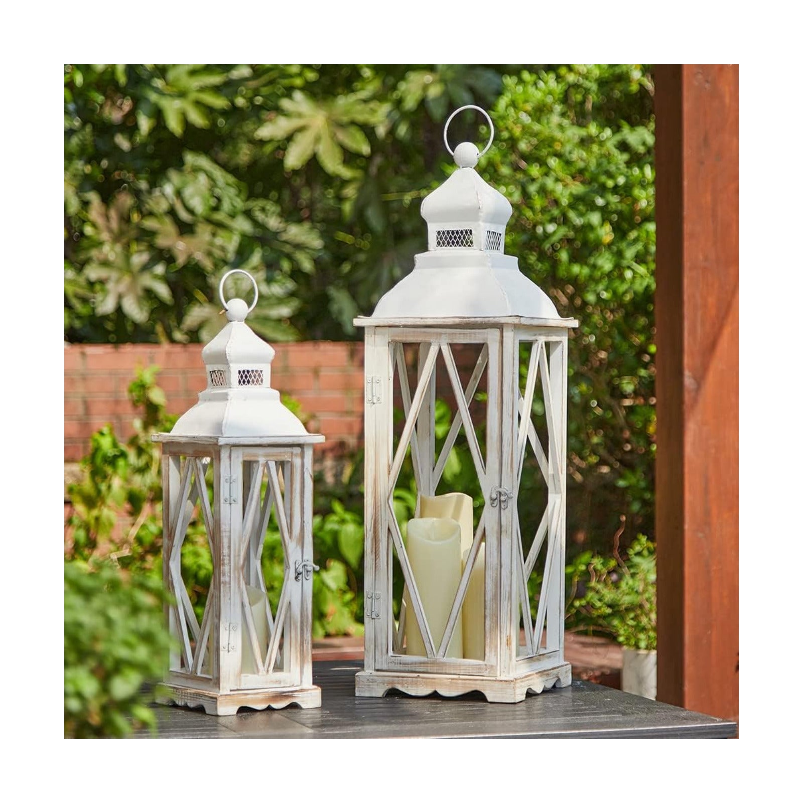 Glitzhome Farmhouse White Wood Metal Lanterns Decorative Hanging Candle Lanterns Set of 2