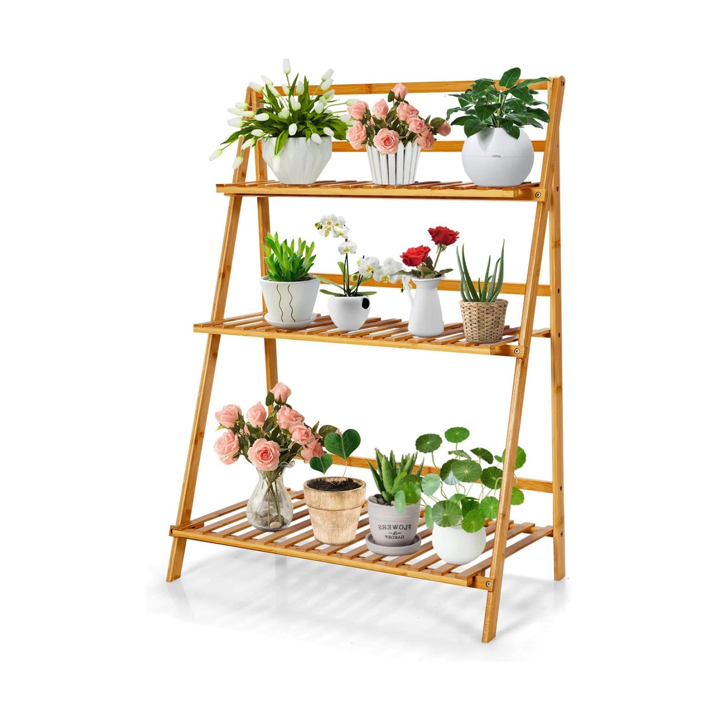 COSTWAY Bamboo Plant Stand, Foldable Multifunctional Flower Display Ladder Shelf, 3-Tier Storage Rack