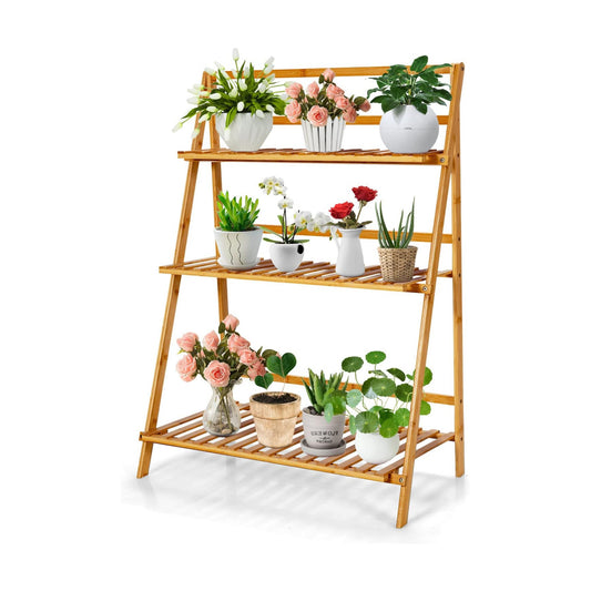 COSTWAY Bamboo Plant Stand, Foldable Multifunctional Flower Display Ladder Shelf, 3-Tier Storage Rack