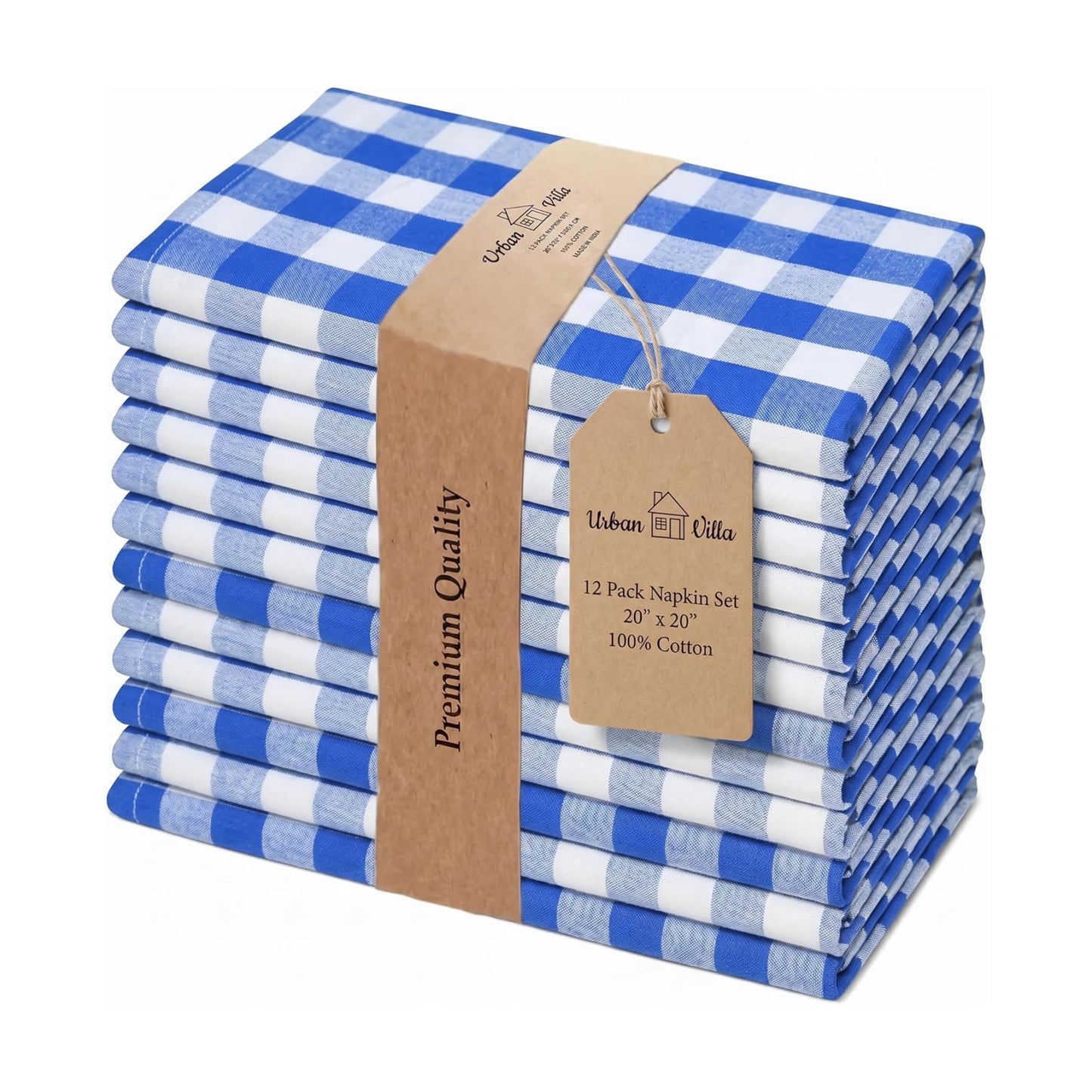 Urban Villa Cloth Napkins Cotton 20x20 (Set of 12) Blue Cheks