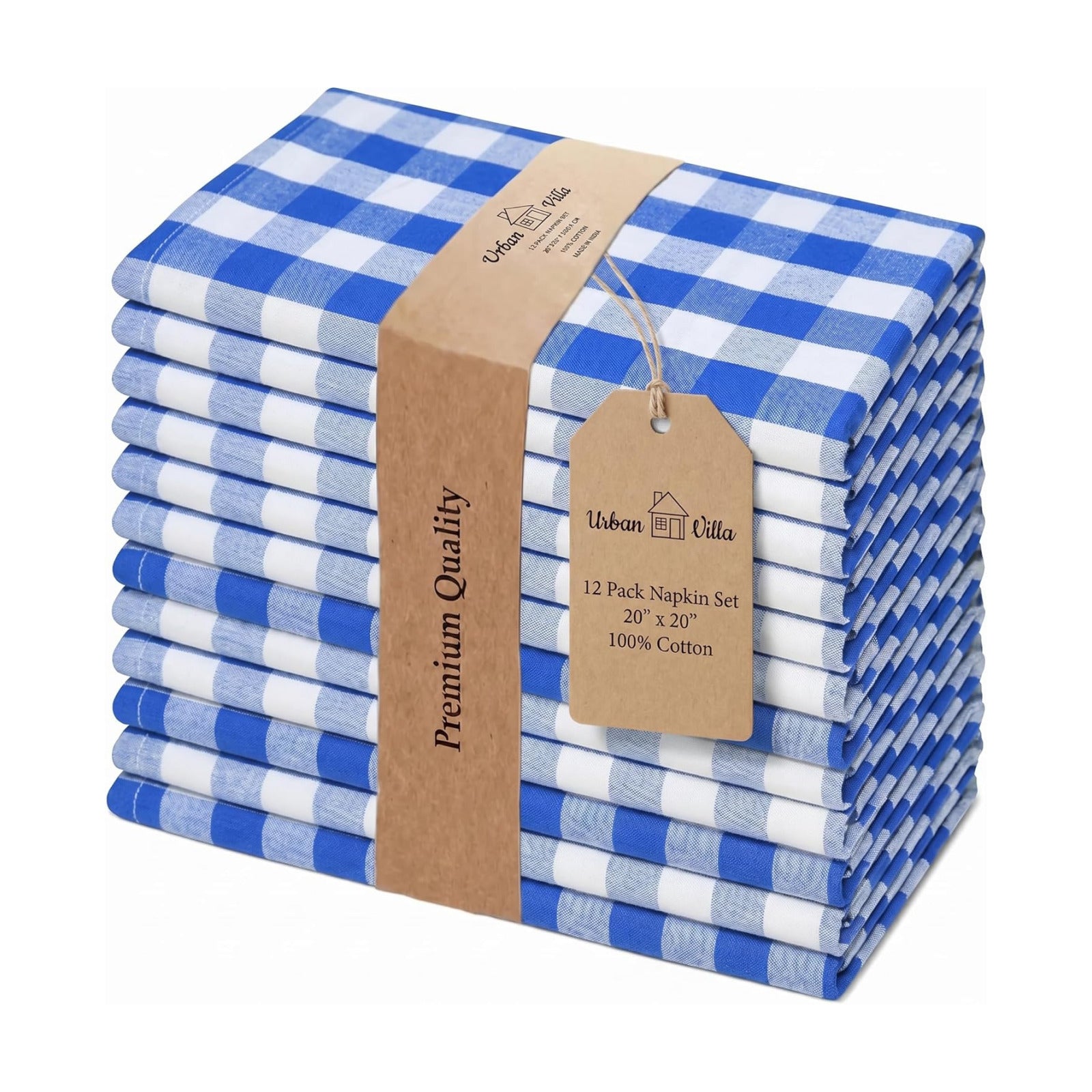 Urban Villa Cloth Napkins Cotton 20x20 (Set of 12) Blue Cheks