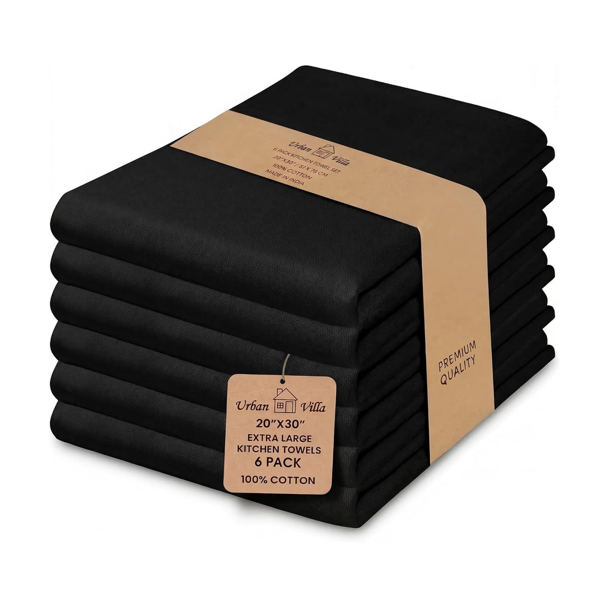 Urban Villa Kitchen Towels Cotton Dish Towels 20”x30” (Set of 6) Black