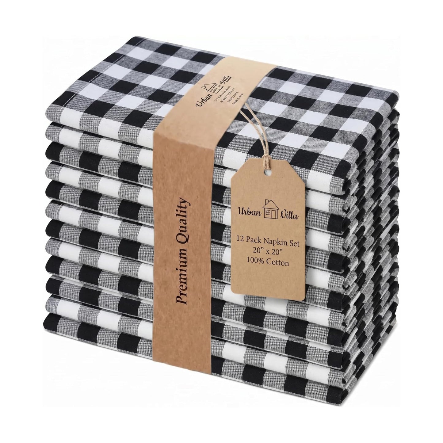 Urban Villa Cloth Napkins Cotton 20x20 (Set of 12) Black Cheks