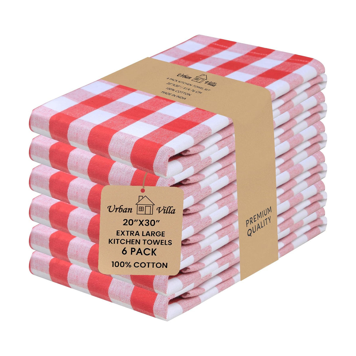 Urban Villa Kitchen Towels Cotton Dish Towels 20”x30” (Set of 6) Red