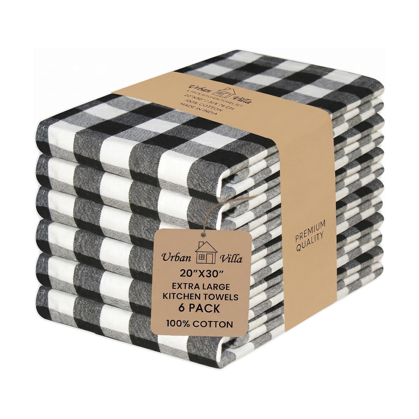 Urban Villa Kitchen Towels Cotton Dish Towels 20”x30” (Set of 6) Black Wht