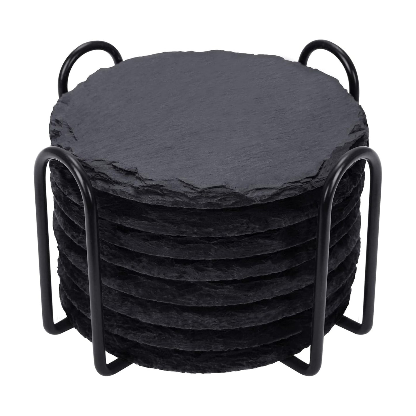 Metal Holder / Round Slate Coasters with Metal Holder / Black / 4 Inch / Set of 8