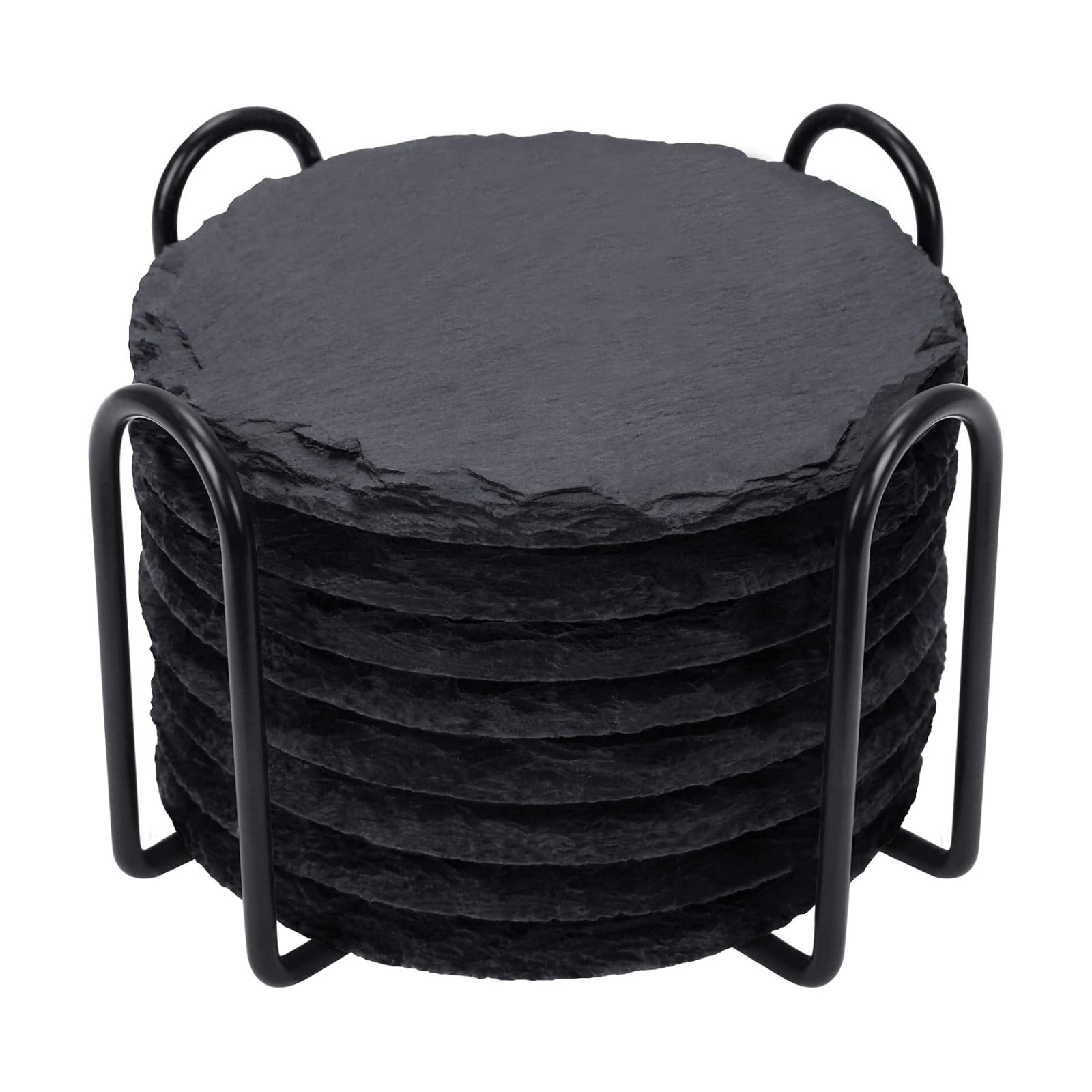 Metal Holder / Round Slate Coasters with Metal Holder / Black / 4 Inch / Set of 8