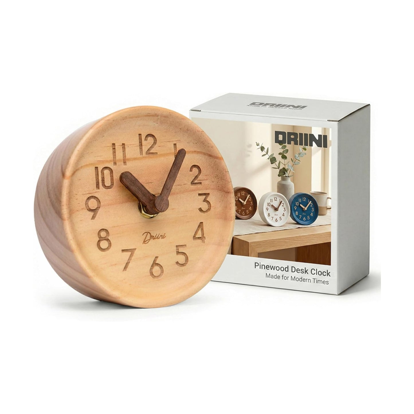 Driini Wooden Analog Desktop Clock – 4.3 in. Decorative Pinewood, No-Tick Design – Easy to Read Silent Sweep Mantle