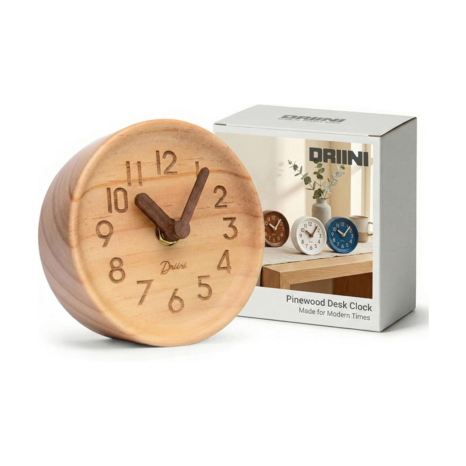 Driini Wooden Analog Desktop Clock – 4.3 in. Decorative Pinewood, No-Tick Design – Easy to Read Silent Sweep Mantle