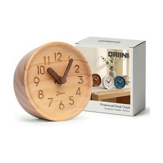 Driini Wooden Analog Desktop Clock – 4.3 in. Decorative Pinewood, No-Tick Design – Easy to Read Silent Sweep Mantle