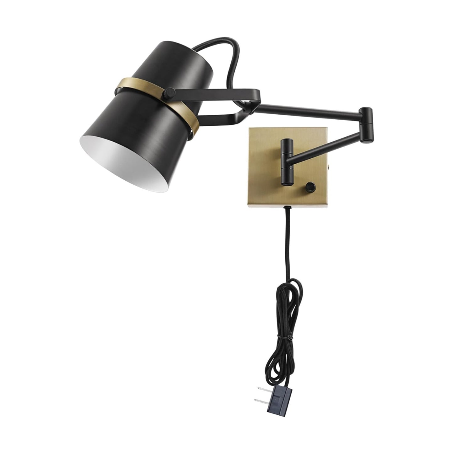 Globe Electric 51345 1-Light Plug-in or Hardwire Swing Arm Wall Sconce, Matte Black, Brass Accents, 6ft Woven Fabric