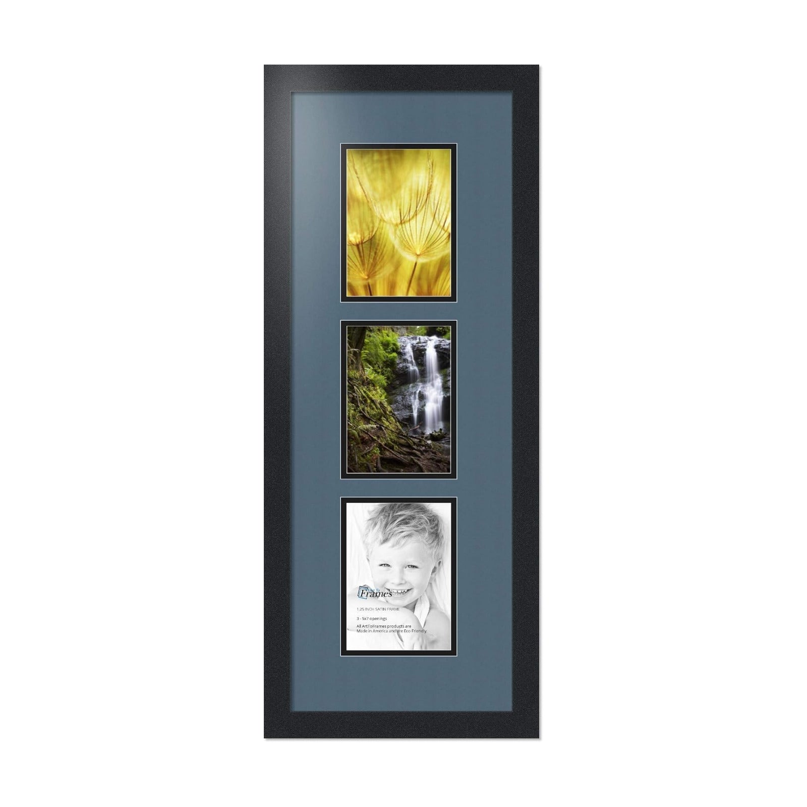 ArtToFrames Collage Photo Frame Double Mat with 3-5x7 Openings with Satin Black Frame and Dutch Blue mat.