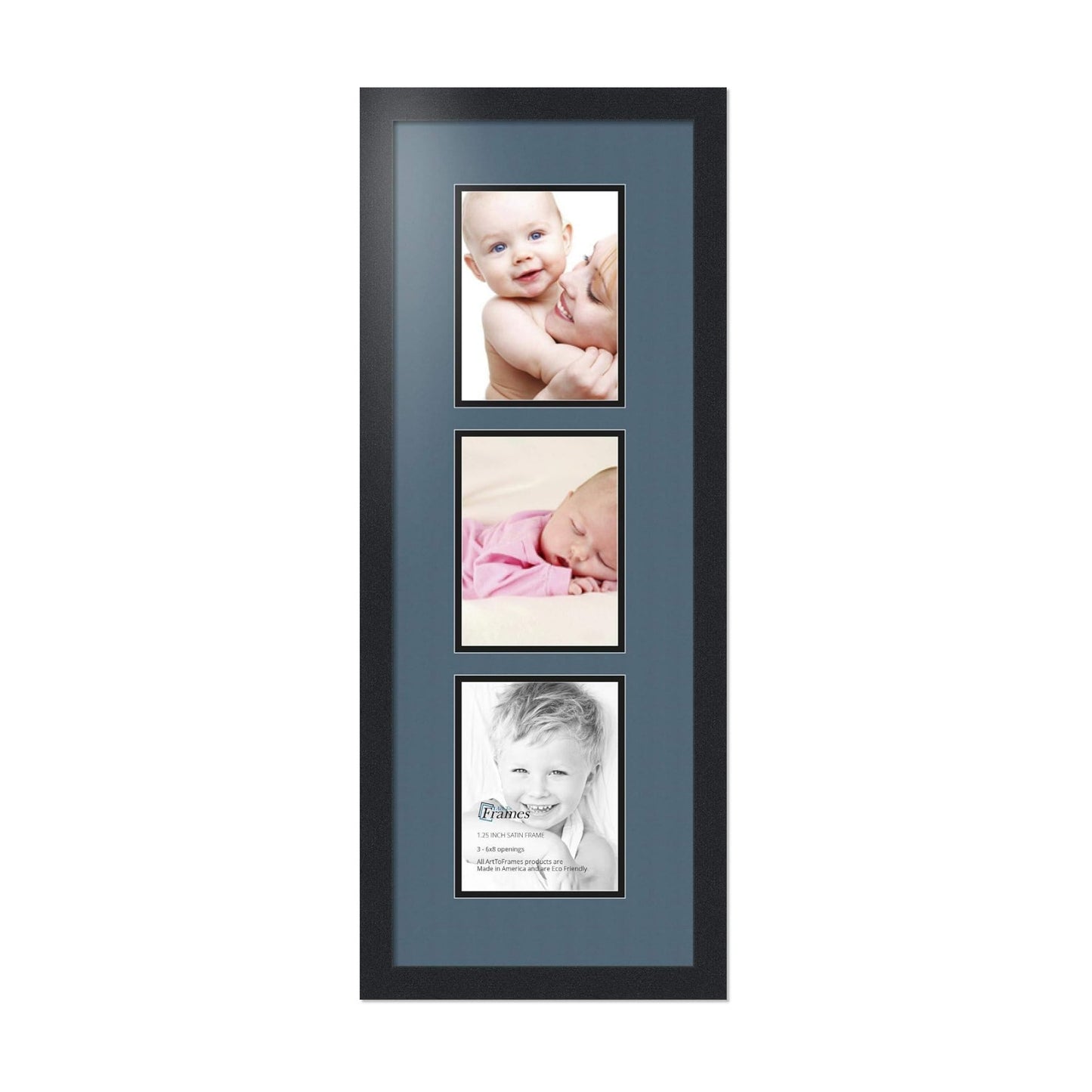 ArtToFrames Collage Photo Frame Double Mat with 3-6x8 Openings with Satin Black Frame and Dutch Blue mat.
