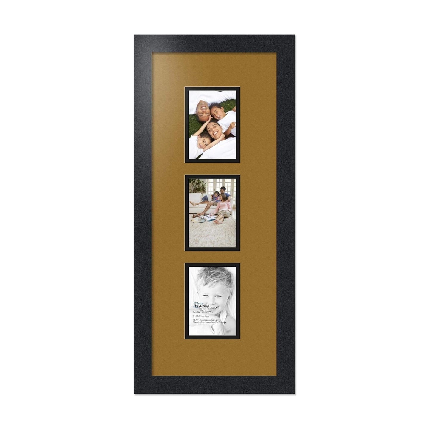 ArtToFrames Collage Photo Frame Double Mat with 3-3.5x5 Openings with Satin Black Frame and El Dorado mat.