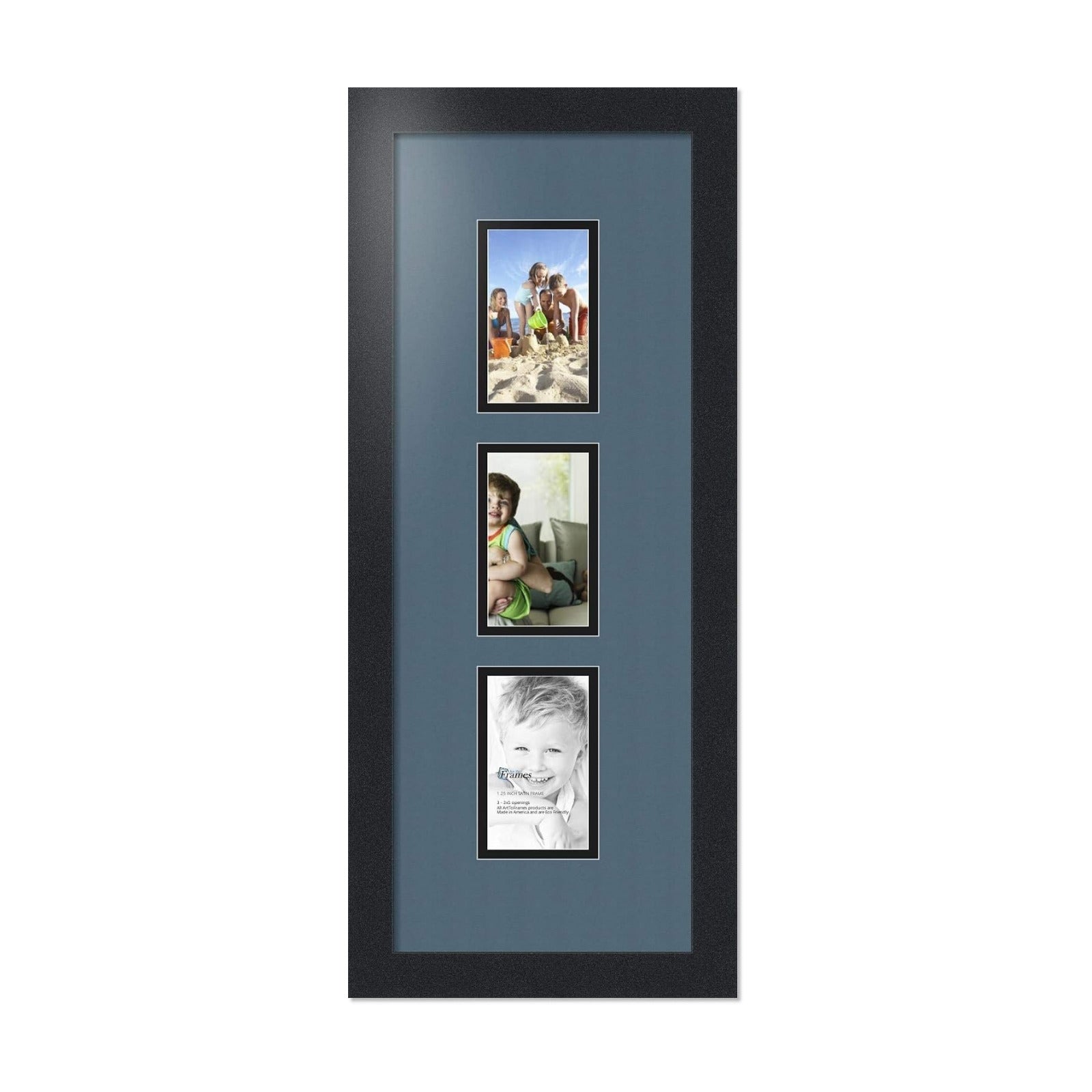 ArtToFrames Collage Photo Frame Double Mat with 3-3x5 Openings with Satin Black Frame and Dutch Blue mat.