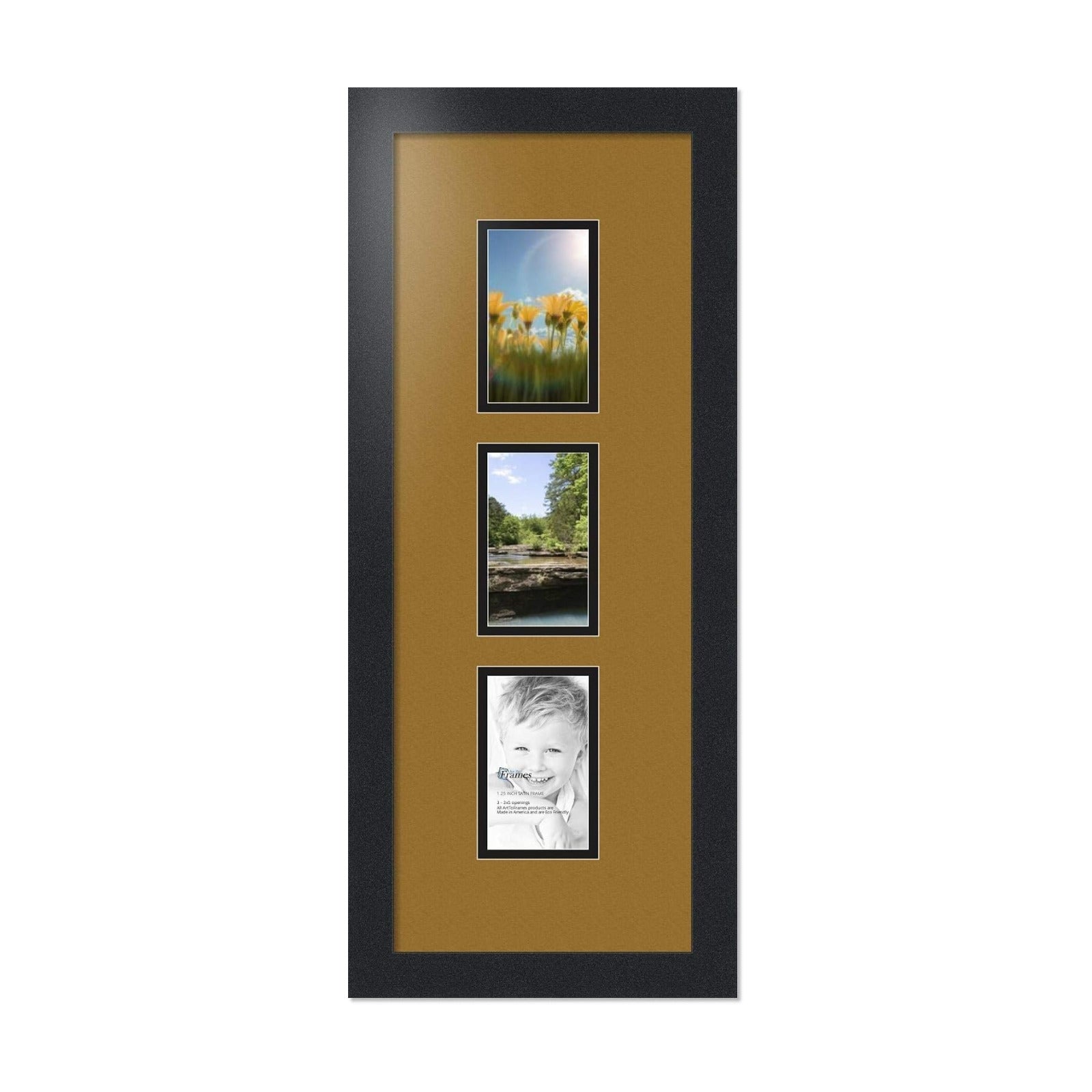 ArtToFrames Collage Photo Frame Double Mat with 3-3x5 Openings with Satin Black Frame and El Dorado mat.