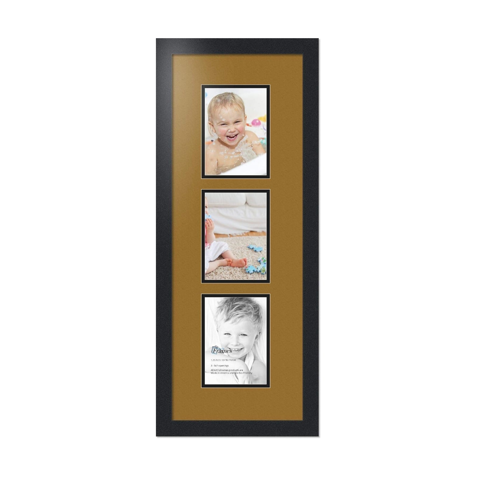 ArtToFrames Collage Photo Frame Double Mat with 3-5x7 Openings with Satin Black Frame and El Dorado mat.