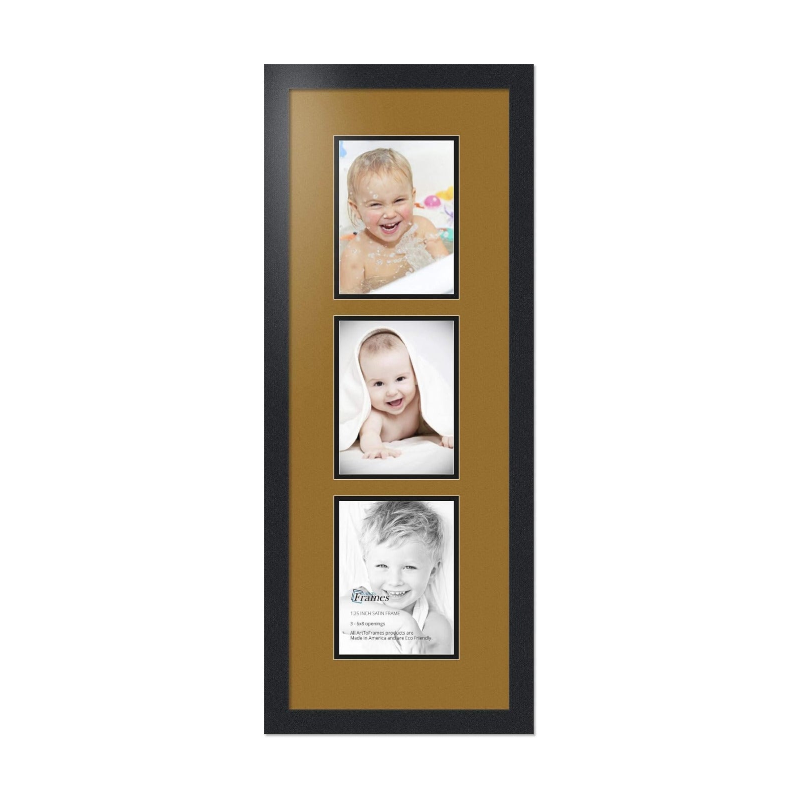 ArtToFrames Collage Photo Frame Double Mat with 3-6x8 Openings with Satin Black Frame and El Dorado mat.