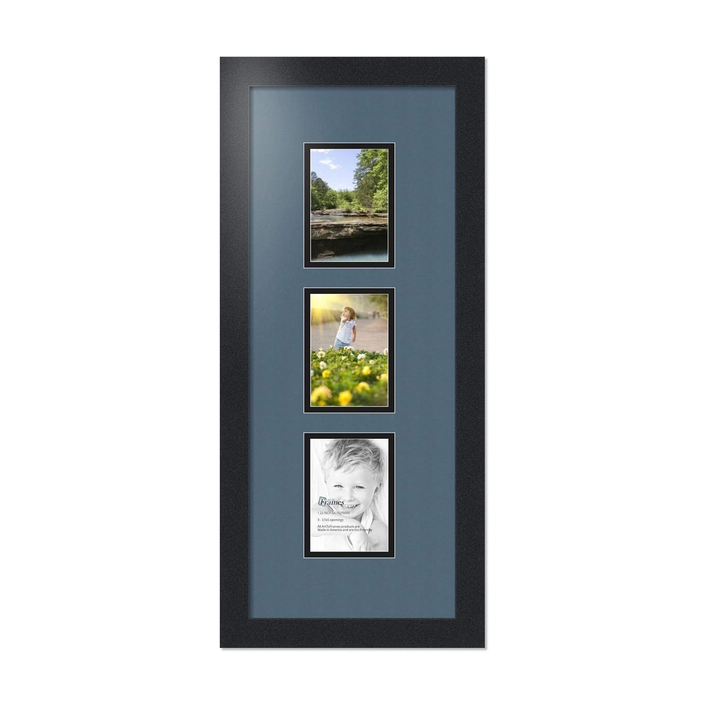 ArtToFrames Collage Photo Frame Double Mat with 3-3.5x5 Openings with Satin Black Frame and Dutch Blue mat.