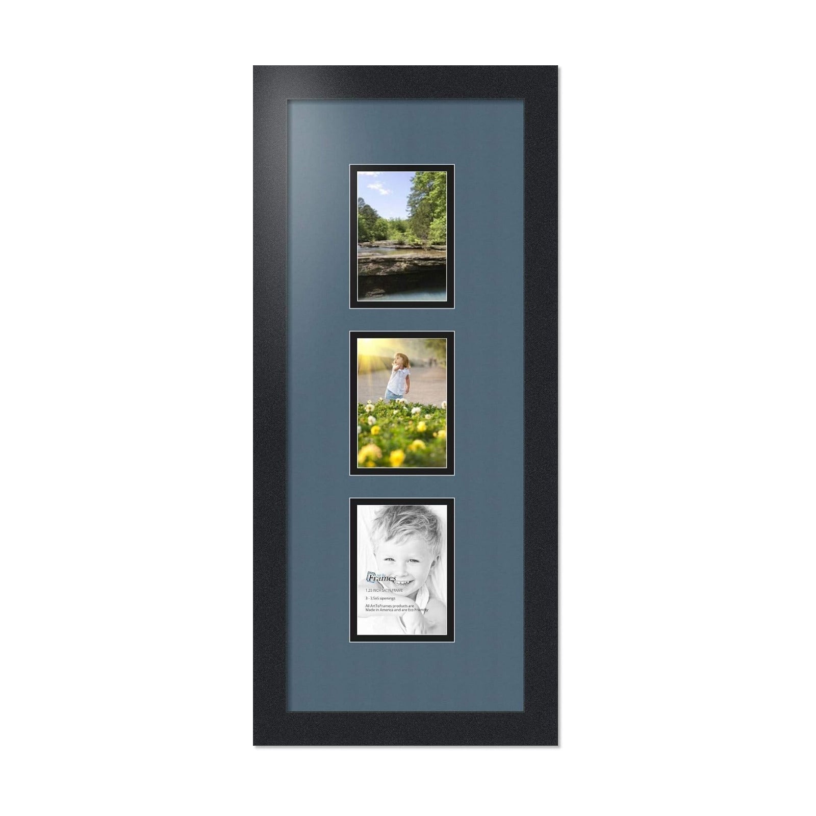 ArtToFrames Collage Photo Frame Double Mat with 3-3.5x5 Openings with Satin Black Frame and Dutch Blue mat.