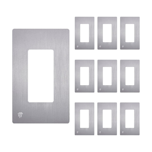 ENERLITES 1-Gang Brushed Silver Screwless Decorator Wall Plate Outlet Cover | 10 Pack, Size 4.68" x 2.93", Fits light