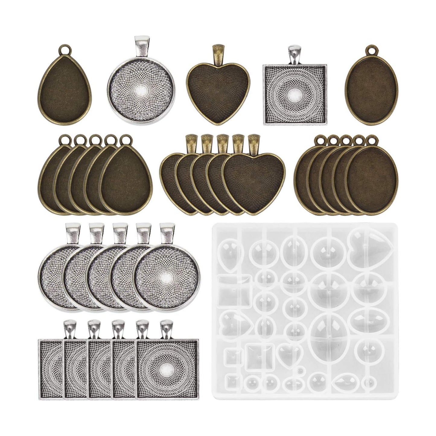 Resin Jewelry Molds Pendant Trays Making Kit / Metal Pendant+1 Pc Silicone Casting Molds / Set of 30