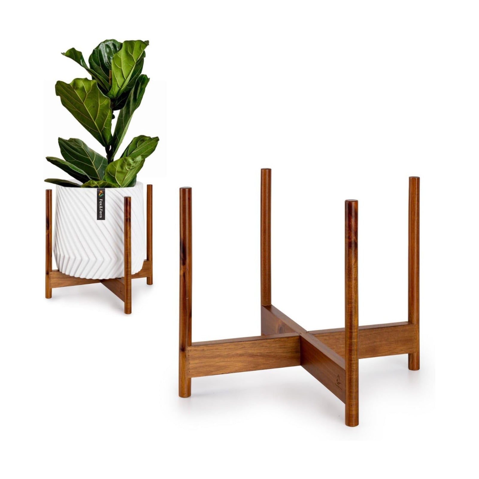 Fox & Fern Mid Century Plant Stands for Indoor Planters, Acacia, 14.9 Inch | Plug In Design, Holds 200 lbs, Two High